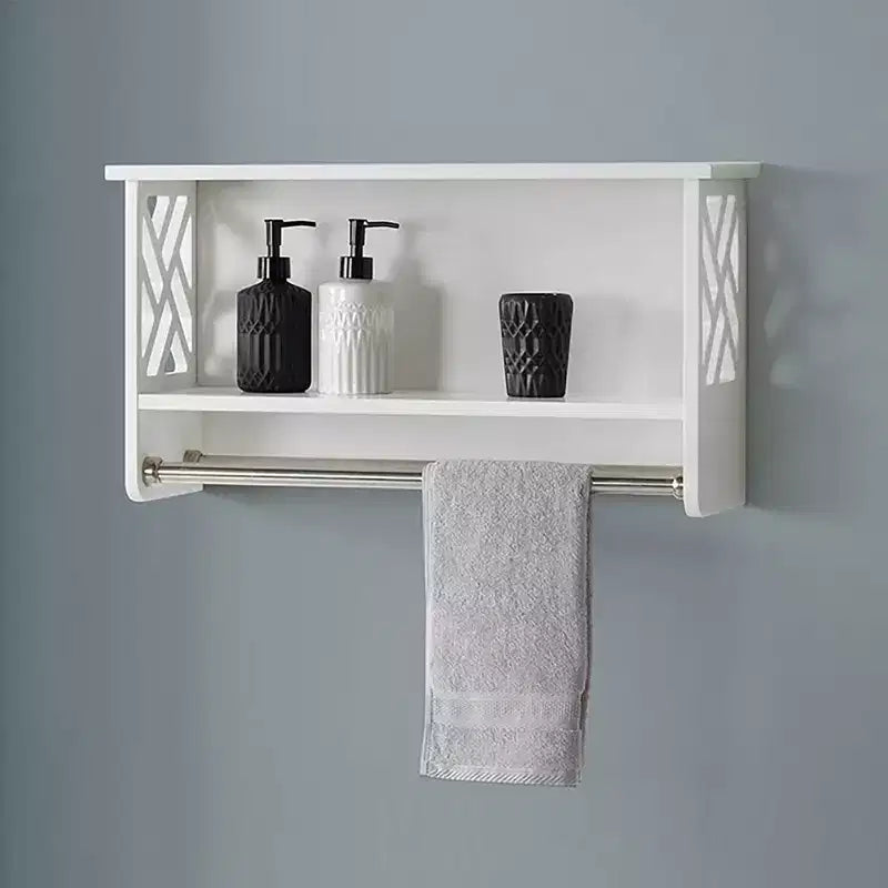 Étagère de salle de bain avec deux barres porte-serviettes blanche