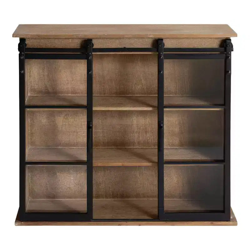30" x 28" Decorative Wooden Wall Cabinet with 2 Sliding Glass Doors Rustic Brown - Metal Framed