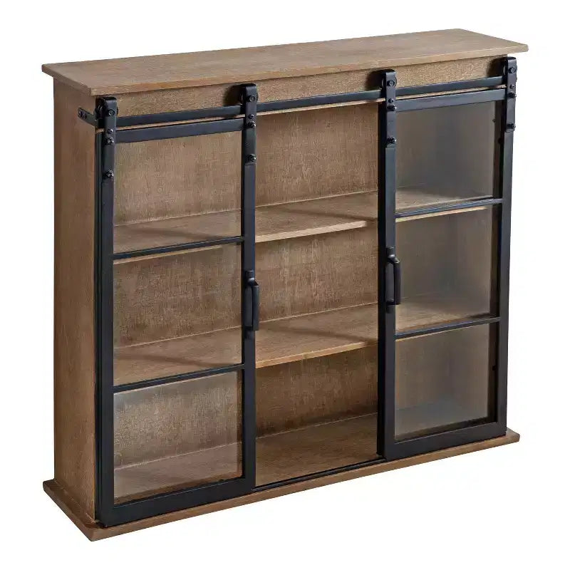 Armoire murale décorative en bois de 30 po x 28 po avec 2 portes coulissantes en verre brun rustique – Encadrement métallique