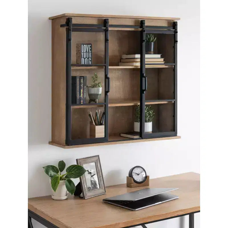 Armoire murale décorative en bois de 30 po x 28 po avec 2 portes coulissantes en verre brun rustique – Encadrement métallique