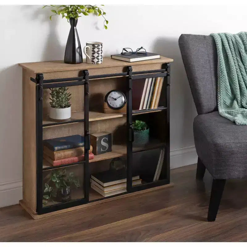 Armoire murale décorative en bois de 30 po x 28 po avec 2 portes coulissantes en verre brun rustique – Encadrement métallique