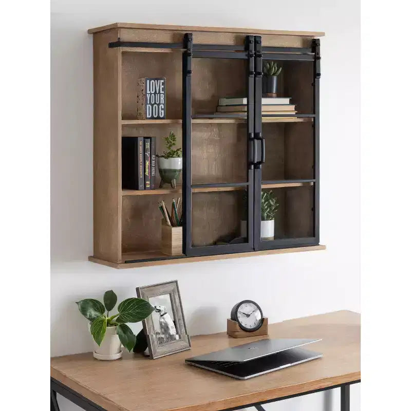 Armoire murale décorative en bois de 30 po x 28 po avec 2 portes coulissantes en verre brun rustique – Encadrement métallique