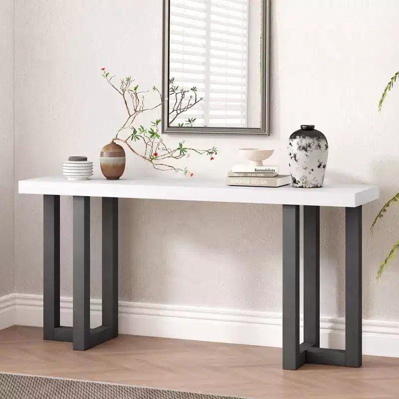 63" Modern Geometric Patchwork Console Table with Solid Pine Legs – Entryway, Hallway & Living Room