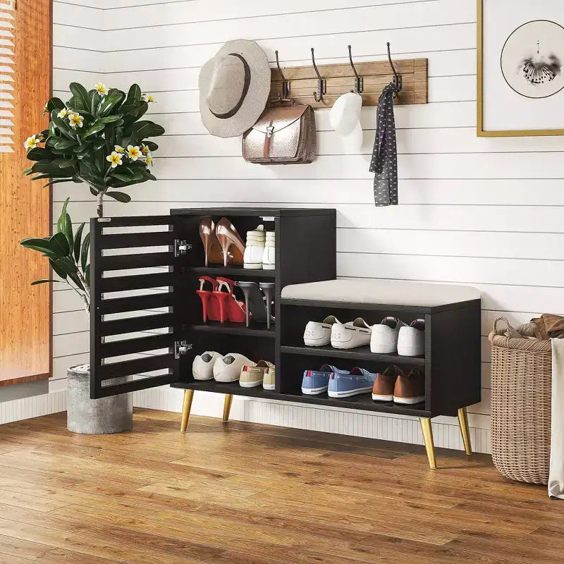 Shoe Bench with Storage and Adjustable Shelf, Entryway Bench with Removable Padded Cushion, Louvered Door, Black/White