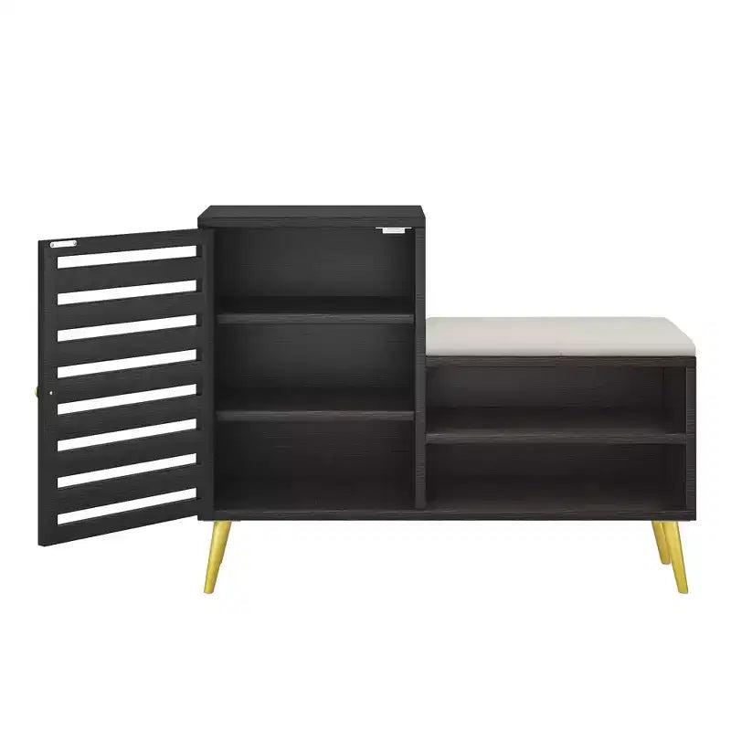 Shoe Bench with Storage and Adjustable Shelf, Entryway Bench with Removable Padded Cushion, Louvered Door, Black/White