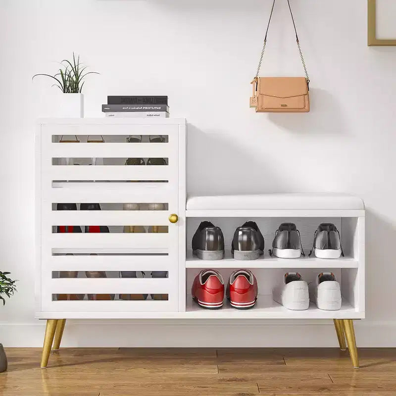 Shoe Bench with Storage and Adjustable Shelf, Entryway Bench with Removable Padded Cushion, Louvered Door, Black/White