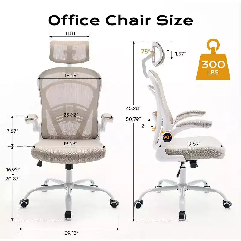 Chaise de bureau ergonomique avec accoudoirs relevables, support lombaire et assise large