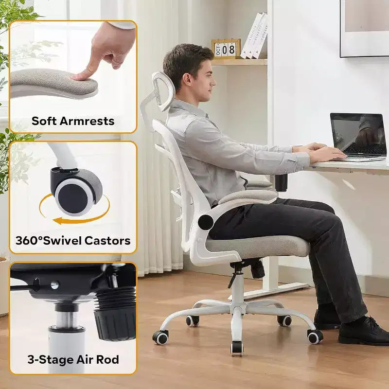 Chaise de bureau ergonomique avec accoudoirs relevables, support lombaire et assise large