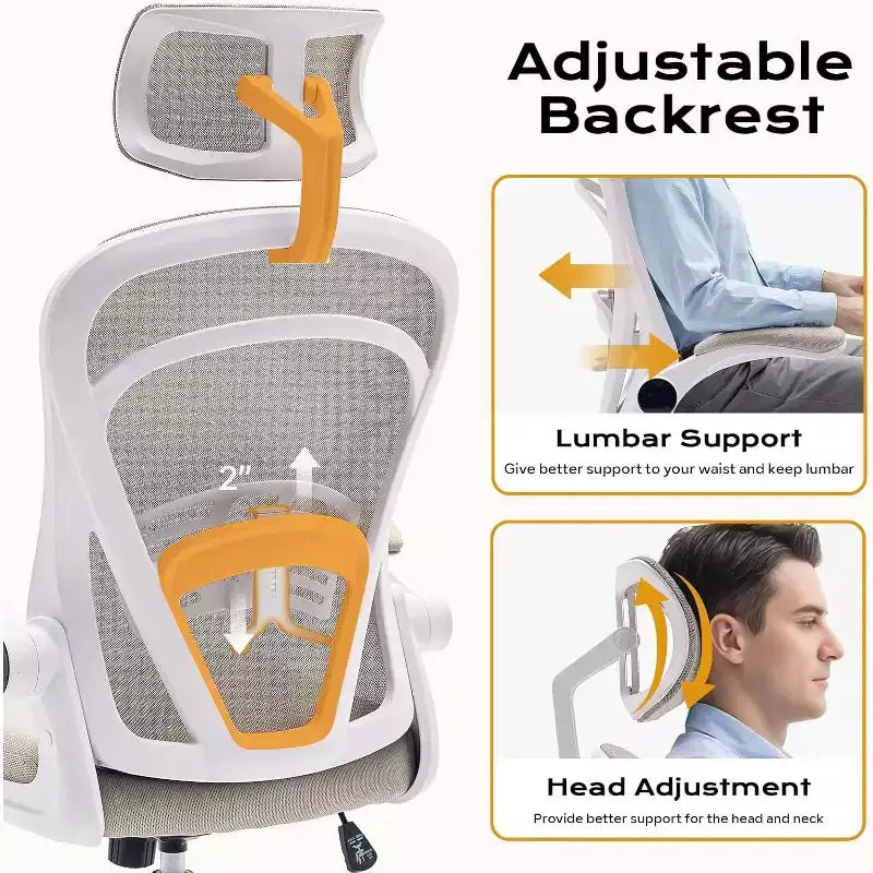 Chaise de bureau ergonomique avec accoudoirs relevables, support lombaire et assise large