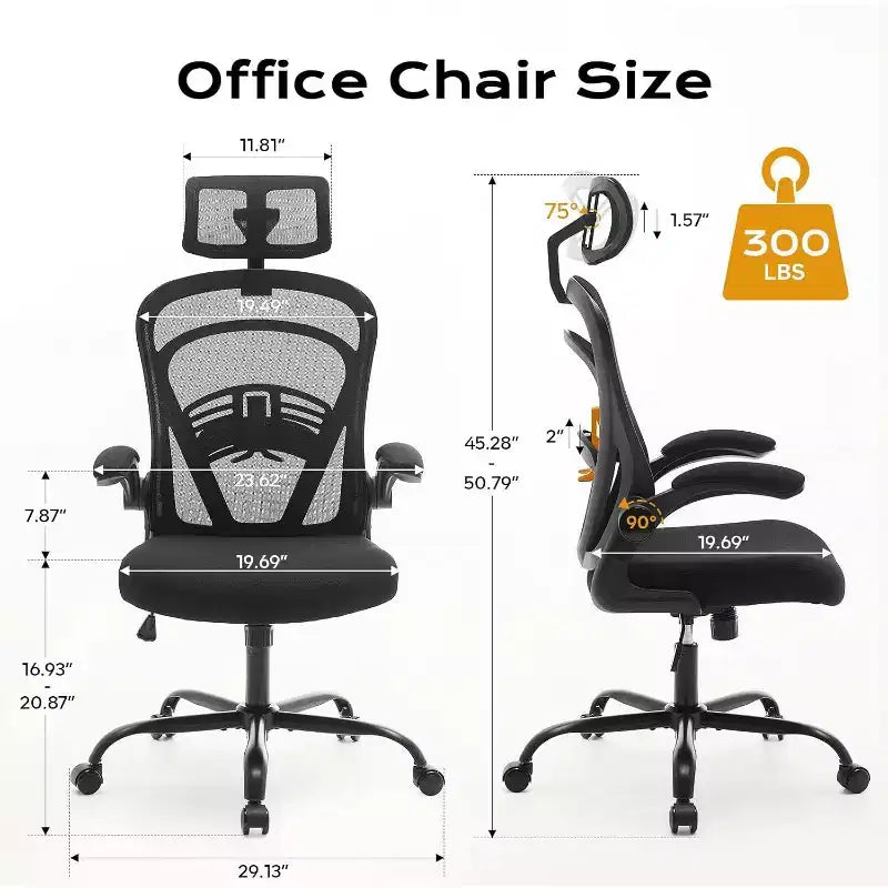 Chaise de bureau ergonomique avec accoudoirs relevables, support lombaire et assise large