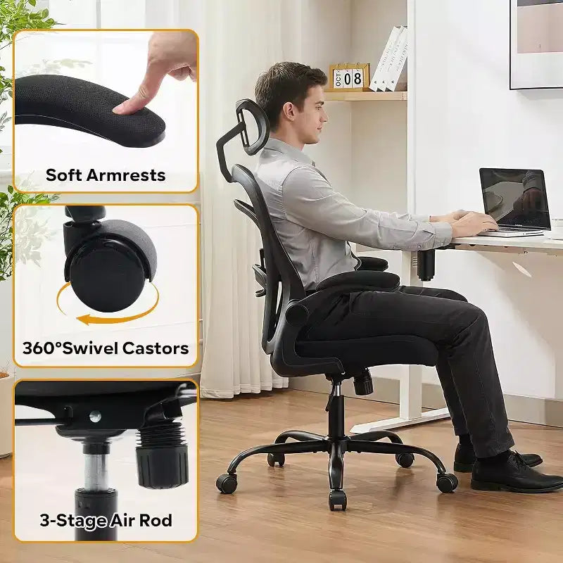 Chaise de bureau ergonomique avec accoudoirs relevables, support lombaire et assise large
