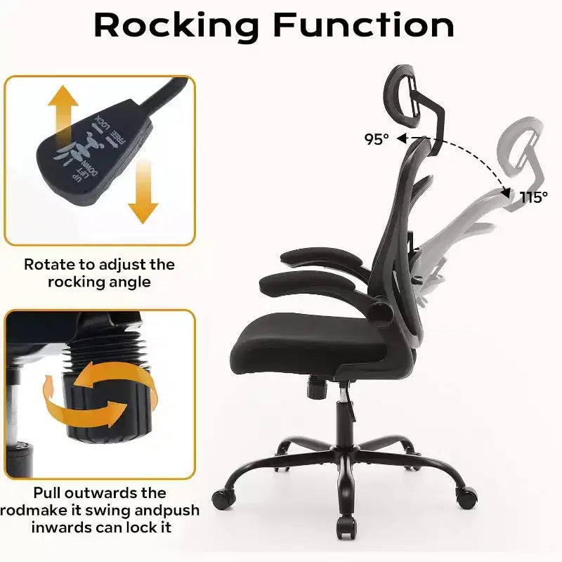 Chaise de bureau ergonomique avec accoudoirs relevables, support lombaire et assise large