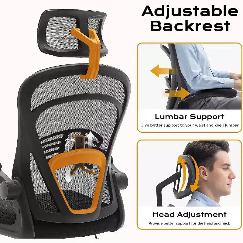 Chaise de bureau ergonomique avec accoudoirs relevables, support lombaire et assise large