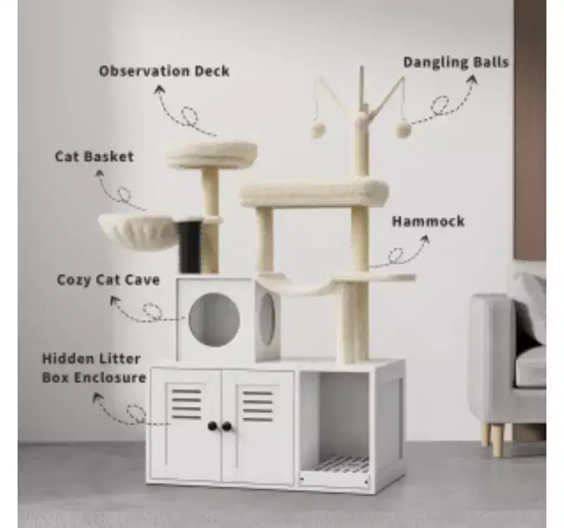 Meuble cache-litière avec arbre à chat (Panneau de particules + Peluche)