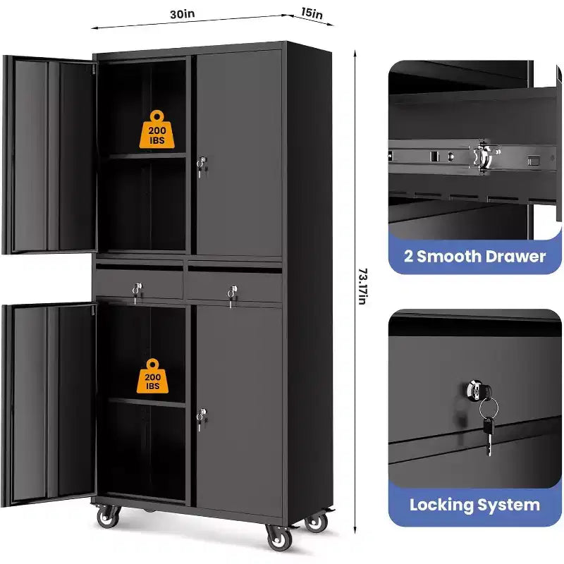 Garage Storage Cabinet, 73 Inch Metal with 2 Drawers, Heavy Duty Tool Cabinet with Locking Doors and Adjustable Shelves