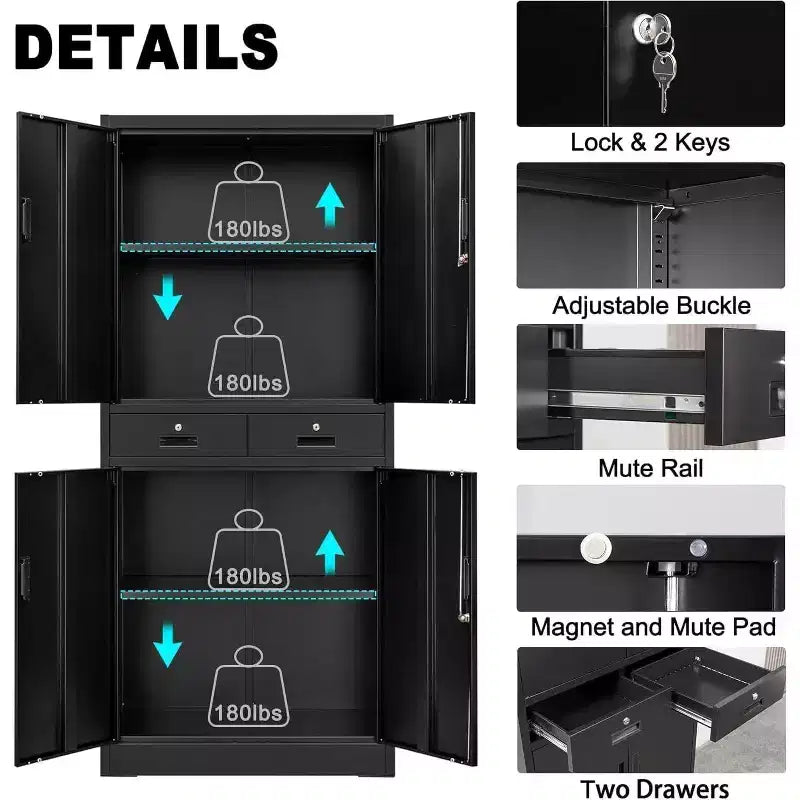 Garage Storage Cabinet, 73 Inch Metal with 2 Drawers, Heavy Duty Tool Cabinet with Locking Doors and Adjustable Shelves