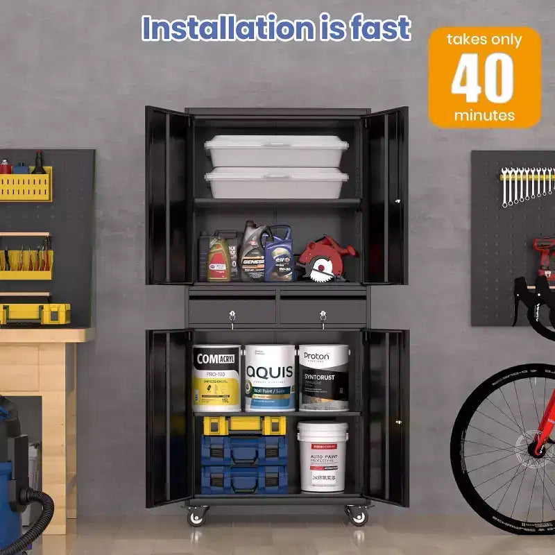Garage Storage Cabinet, 73 Inch Metal with 2 Drawers, Heavy Duty Tool Cabinet with Locking Doors and Adjustable Shelves