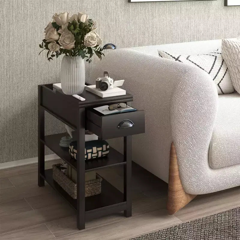 Narrow Side Table, Flip Over Design with Drawers & Bottom Partition, Brown