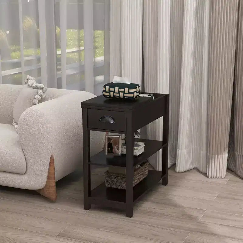 Narrow Side Table, Flip Over Design with Drawers & Bottom Partition, Brown