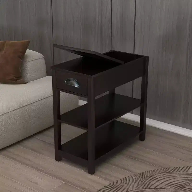 Narrow Side Table, Flip Over Design with Drawers & Bottom Partition, Brown