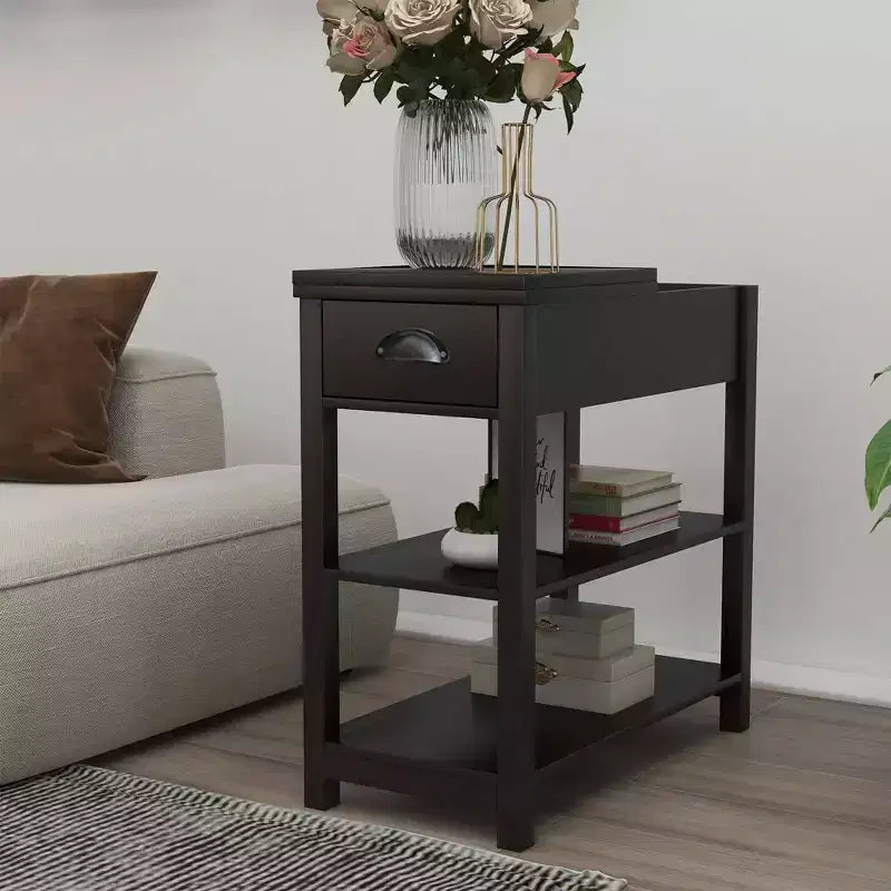 Narrow Side Table, Flip Over Design with Drawers & Bottom Partition, Brown
