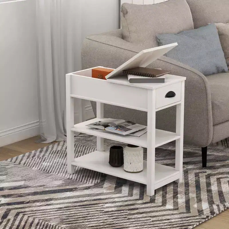 Narrow Side Table, Flip Over Design with Drawers & Bottom Partition, Brown