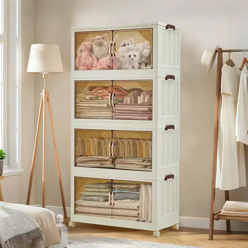 Meuble de rangement multi-niveaux avec portes et roulettes pour l'organisation de la maison