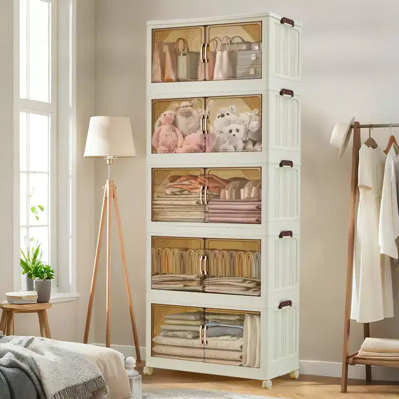 Meuble de rangement multi-niveaux avec portes et roulettes pour l'organisation de la maison