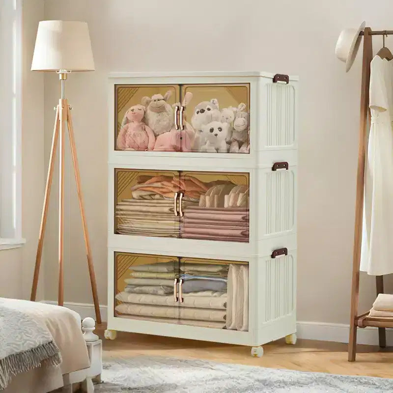 Meuble de rangement multi-niveaux avec portes et roulettes pour l'organisation de la maison