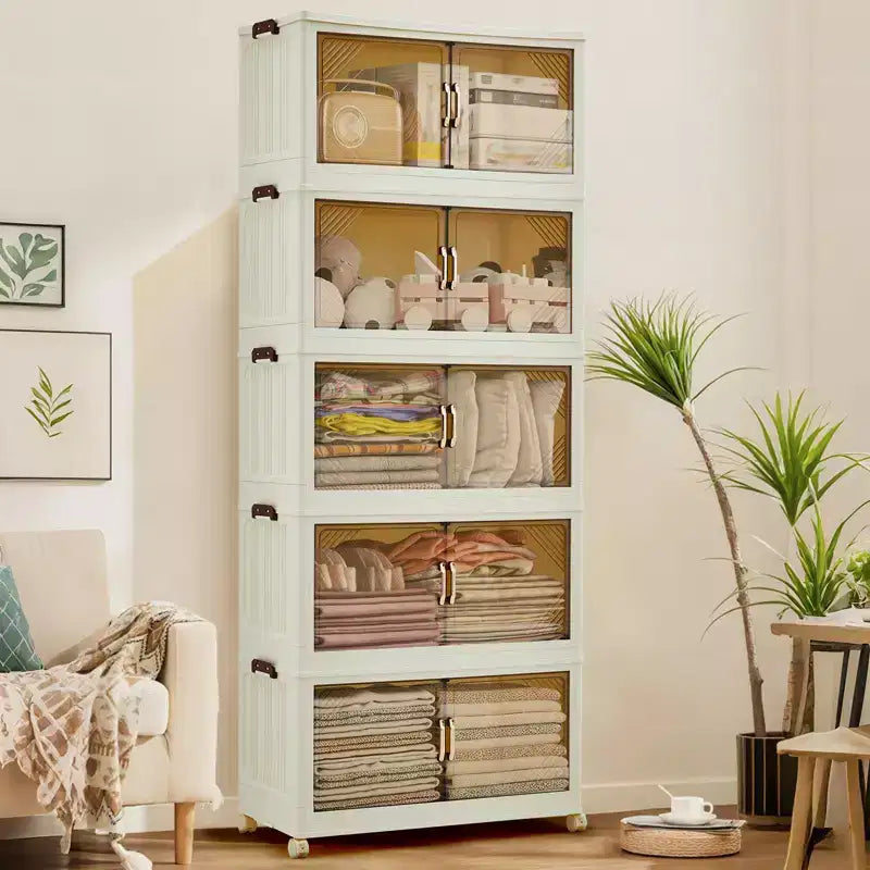 Meuble de rangement multi-niveaux avec portes et roulettes pour l'organisation de la maison