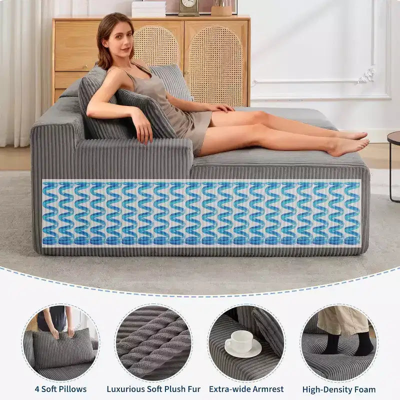 Canapé double géant en velours côtelé, 200 x 175 cm, avec accoudoirs et 4 oreillers, assise profonde, aucun assemblage requis