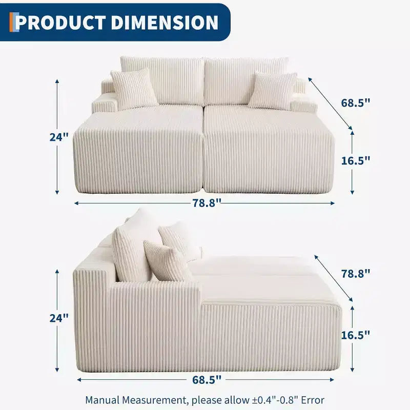 Canapé double géant en velours côtelé, 200 x 175 cm, avec accoudoirs et 4 oreillers, assise profonde, aucun assemblage requis