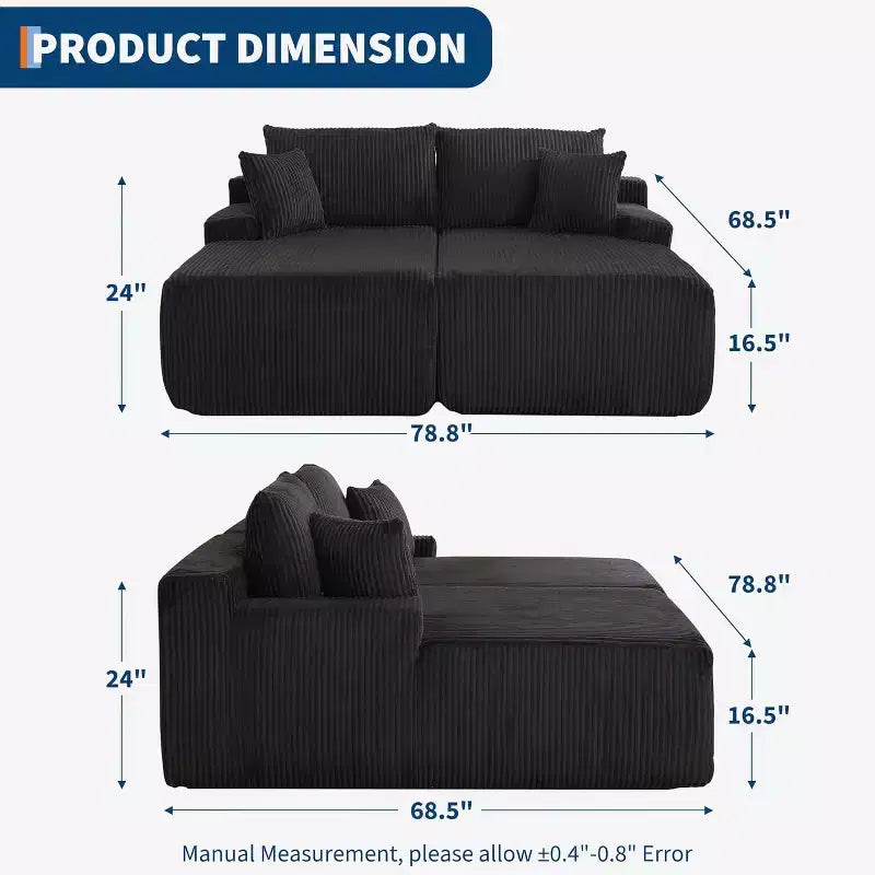 Canapé double géant en velours côtelé, 200 x 175 cm, avec accoudoirs et 4 oreillers, assise profonde, aucun assemblage requis