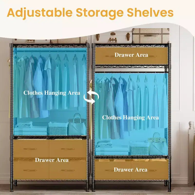 Portant à vêtements en métal avec étagères réglables et 4 tiroirs en tissu, penderie robuste