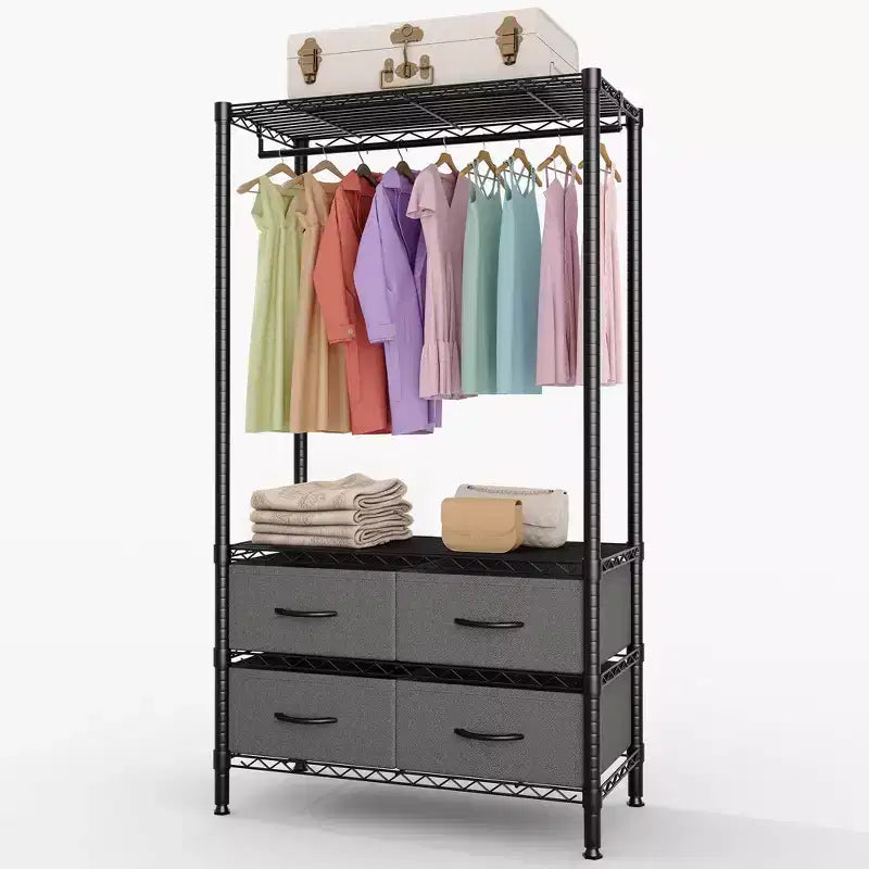 Portant à vêtements en métal avec étagères réglables et 4 tiroirs en tissu, penderie robuste
