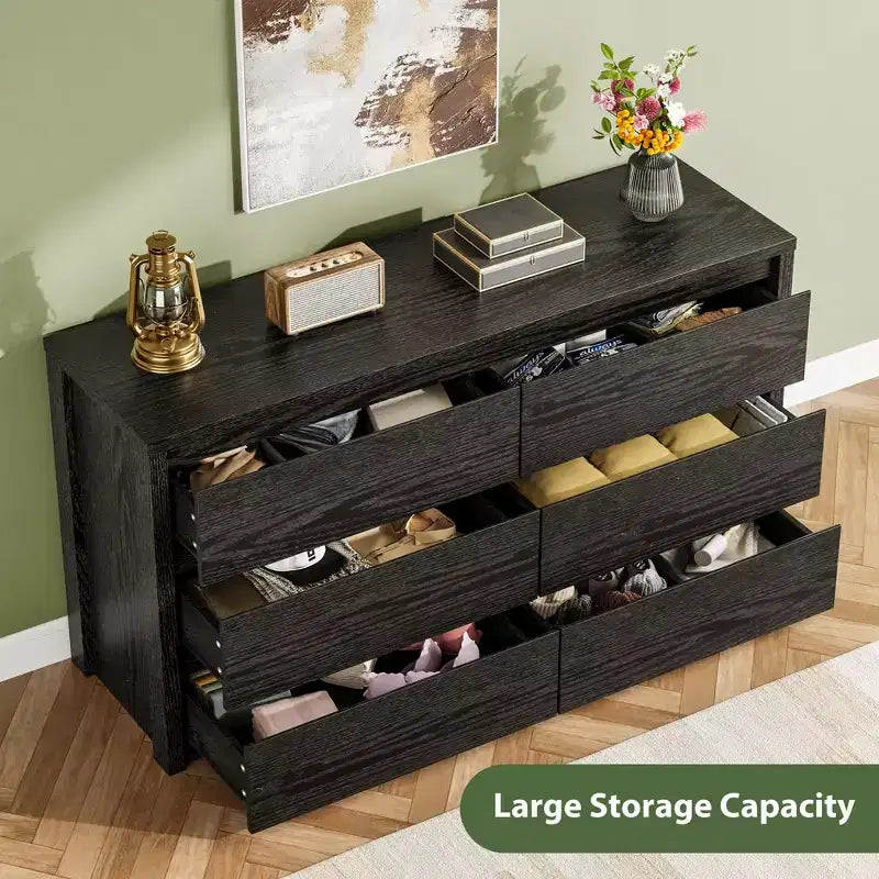 6 Drawer Dresser for Bedroom, Wide Wood Chest of Drawers Handle Free, Large Modern Dresser Storage Cabinet for Living Room, Hallway Entryway
