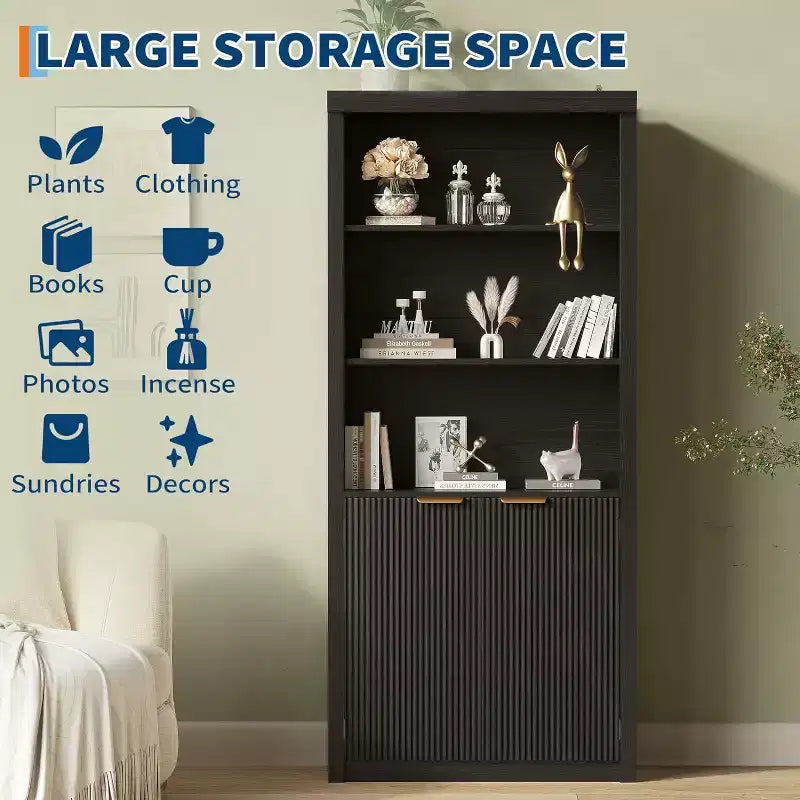 5 Tier Bookcase Display Shelves with Storage Cabinet & Adjustable Shelf, Mid-Century Modern Bookshelves for Home Office, Living Room