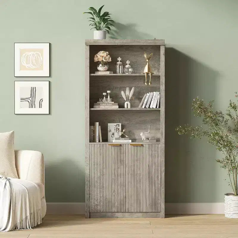 5 Tier Bookcase Display Shelves with Storage Cabinet & Adjustable Shelf, Mid-Century Modern Bookshelves for Home Office, Living Room