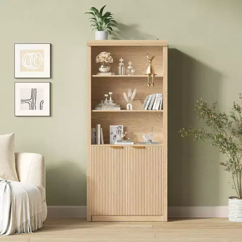 5 Tier Bookcase Display Shelves with Storage Cabinet & Adjustable Shelf, Mid-Century Modern Bookshelves for Home Office, Living Room