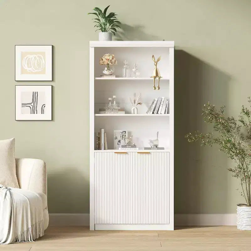 5 Tier Bookcase Display Shelves with Storage Cabinet & Adjustable Shelf, Mid-Century Modern Bookshelves for Home Office, Living Room