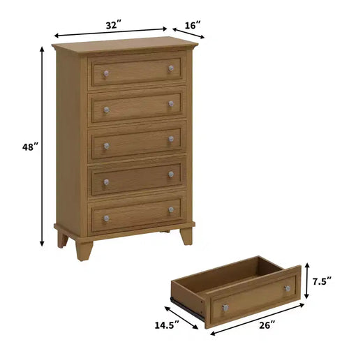 Commode de 48 pouces de haut à 5 tiroirs, bois marron avec tiroirs profonds et poignées métalliques pour chambre à coucher ou salon