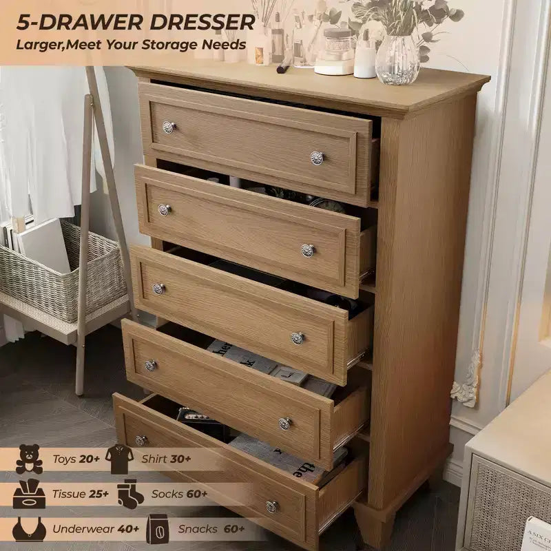 48 Tall 5 Drawer Dresser, Brown Wood with Deep Drawers & Metal Handles for Bedroom Living Room
