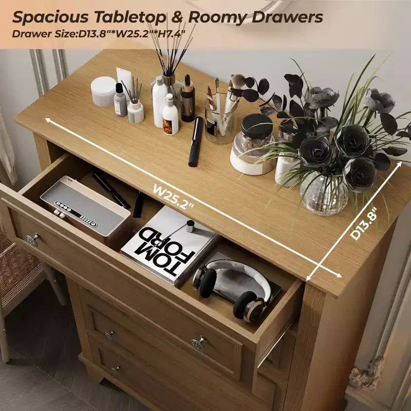 Commode de 48 pouces de haut à 5 tiroirs, bois marron avec tiroirs profonds et poignées métalliques pour chambre à coucher ou salon