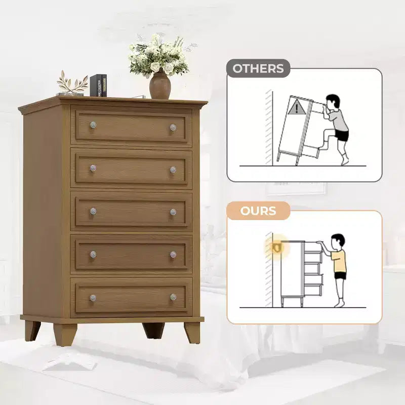 Commode de 48 pouces de haut à 5 tiroirs, bois marron avec tiroirs profonds et poignées métalliques pour chambre à coucher ou salon