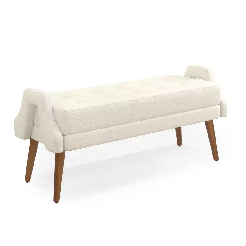Modern Bench with Soft Cushion, Geometric Armrests, and Hardwood Legs