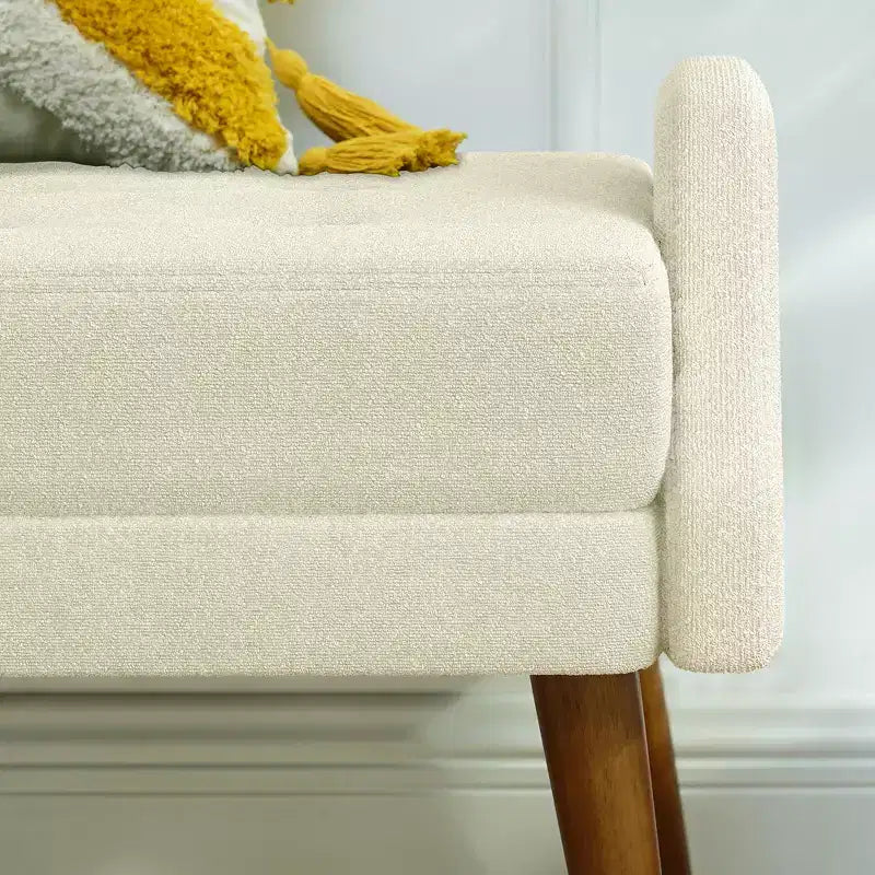Modern Bench with Soft Cushion, Geometric Armrests, and Hardwood Legs