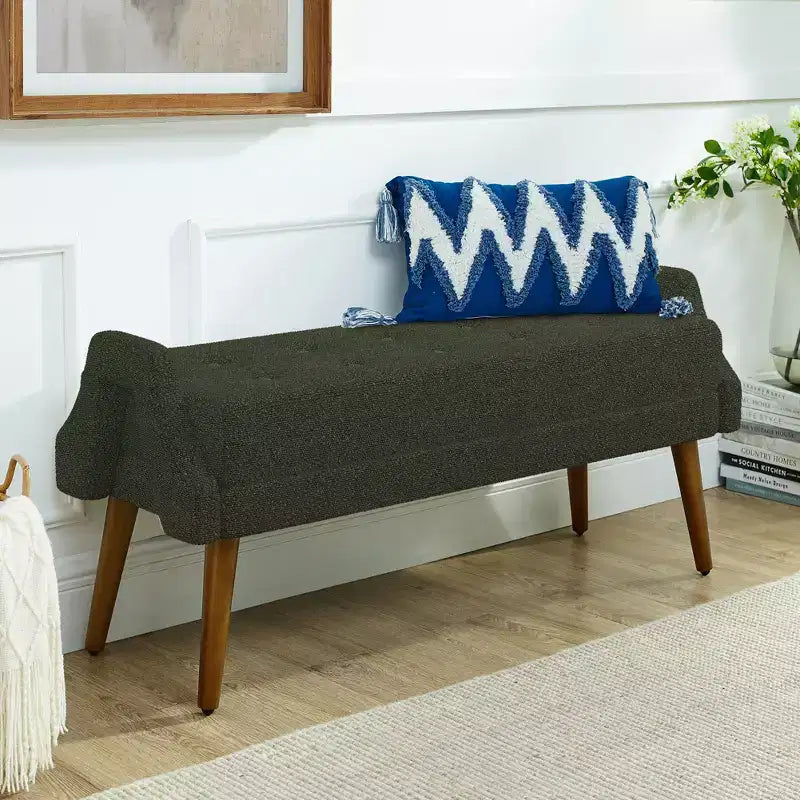 Modern Bench with Soft Cushion, Geometric Armrests, and Hardwood Legs