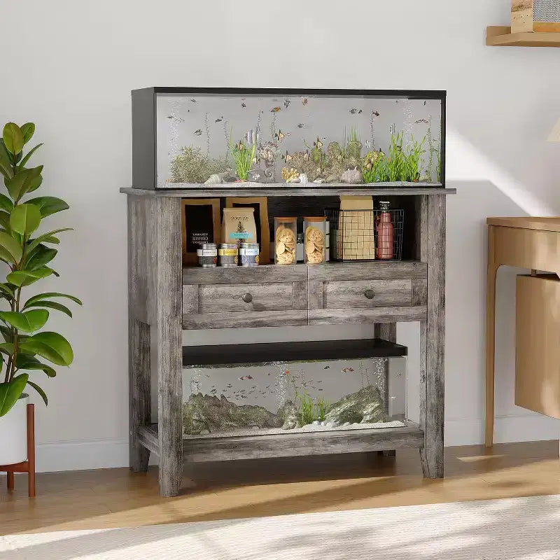 Meuble double-couche pour aquarium de 37", supporte jusqu'à 650 lb avec multiprise et tiroirs pour salon