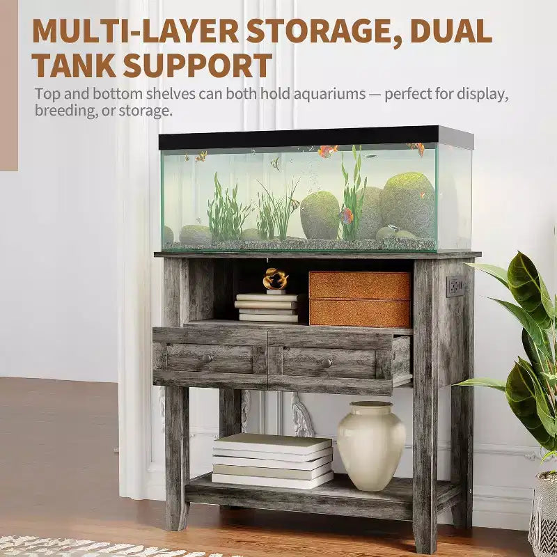 Meuble double-couche pour aquarium de 37", supporte jusqu'à 650 lb avec multiprise et tiroirs pour salon