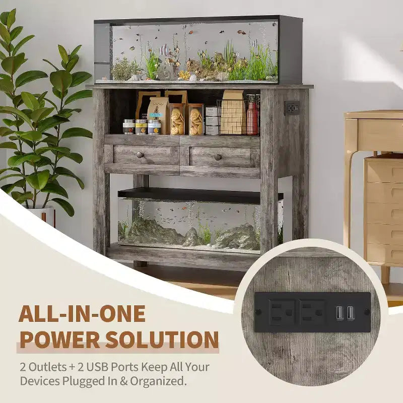 Meuble double-couche pour aquarium de 37", supporte jusqu'à 650 lb avec multiprise et tiroirs pour salon